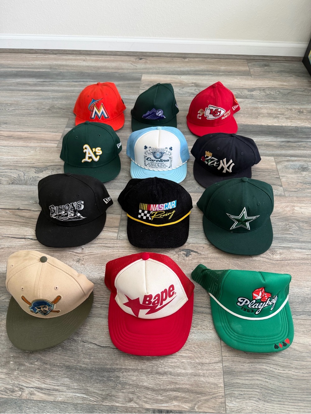 Bape Red and White Trucker, NASCAR, Playboy,set of 12 hats lot vintage & modern